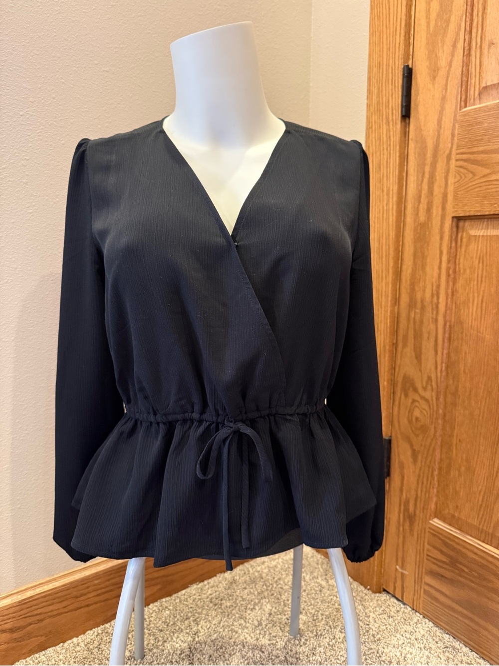 LOFT Black Wrap Peplum Blouse with Drawstring